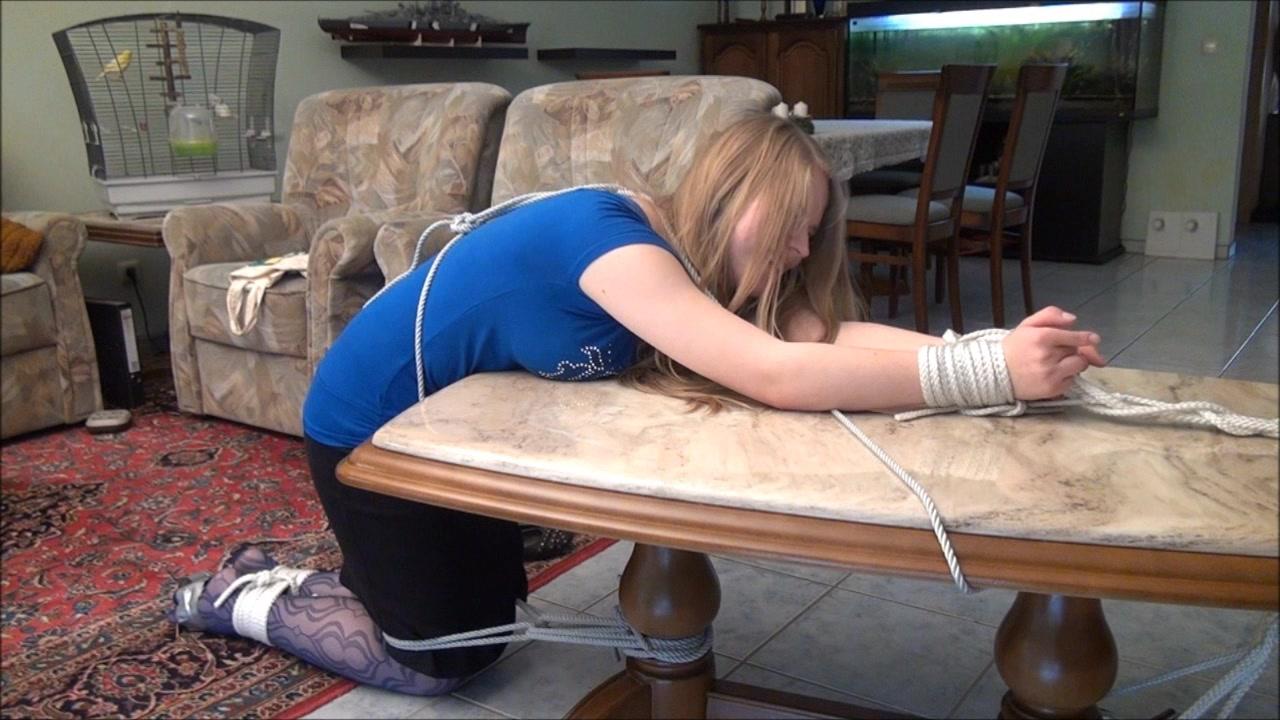 Lady tied chair squirting