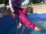 Watch Sandra enjoying her shiny nylon Downwear at a warm Summer Day in the Garden and in the Pool 5